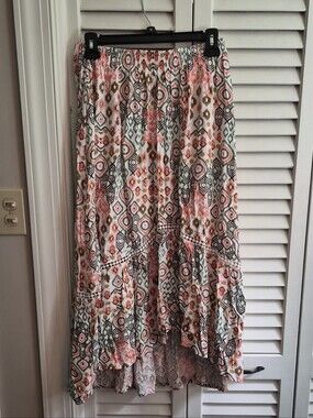 Boho Print Tiered Maxi Skirt in Pink and Olive